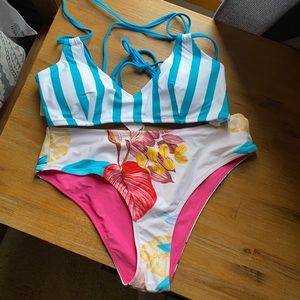 NWT white/green top w/floral bottom bikini M